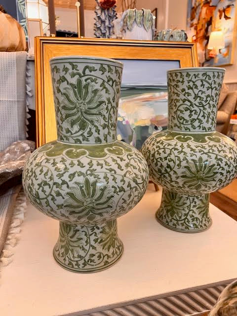 Green and White Porcelain Scrolling Lotus Lantern Vase