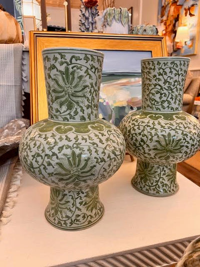 Green and White Porcelain Scrolling Lotus Lantern Vase