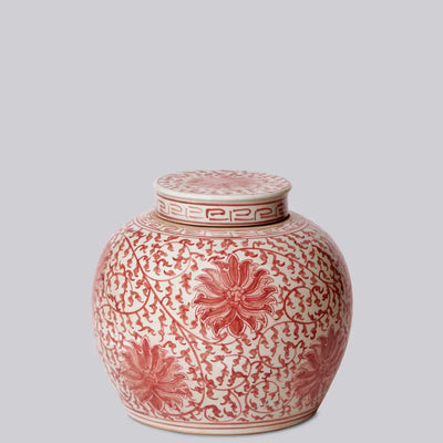 Red/White Scrolling Lotus Round Lidded Jar