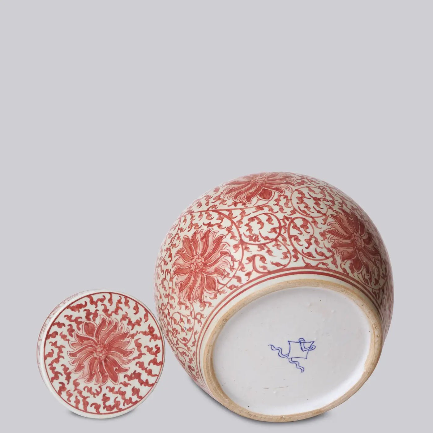 Red/White Scrolling Lotus Round Lidded Jar