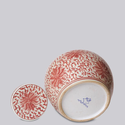 Red/White Scrolling Lotus Round Lidded Jar