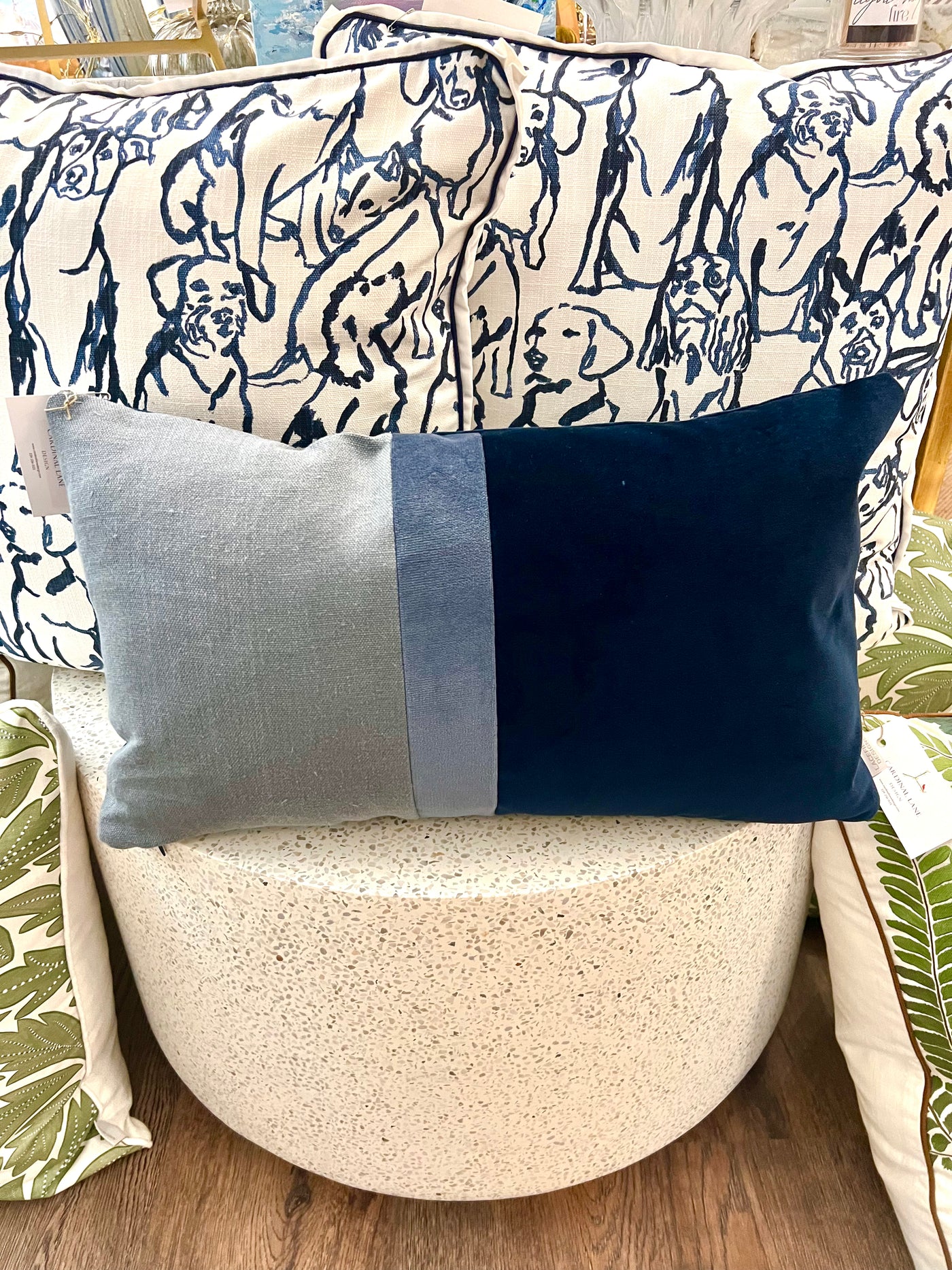 Conner Blue Velvet & Linen Lumbar Pillow