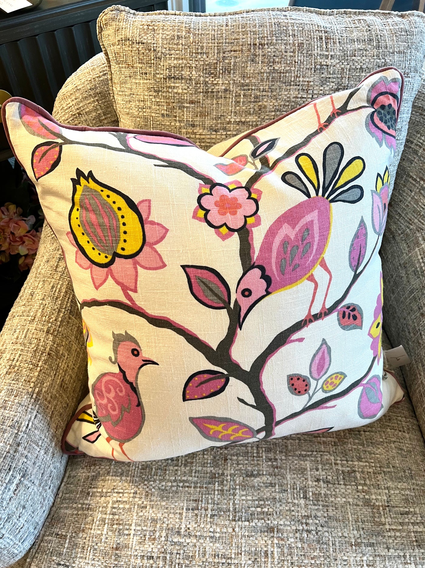 Summer Birds Pillow w/Velvet Cord