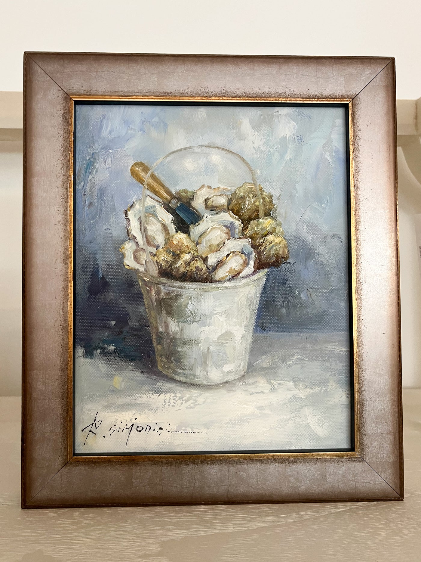 Framed Oyster Bucket Oil Painting