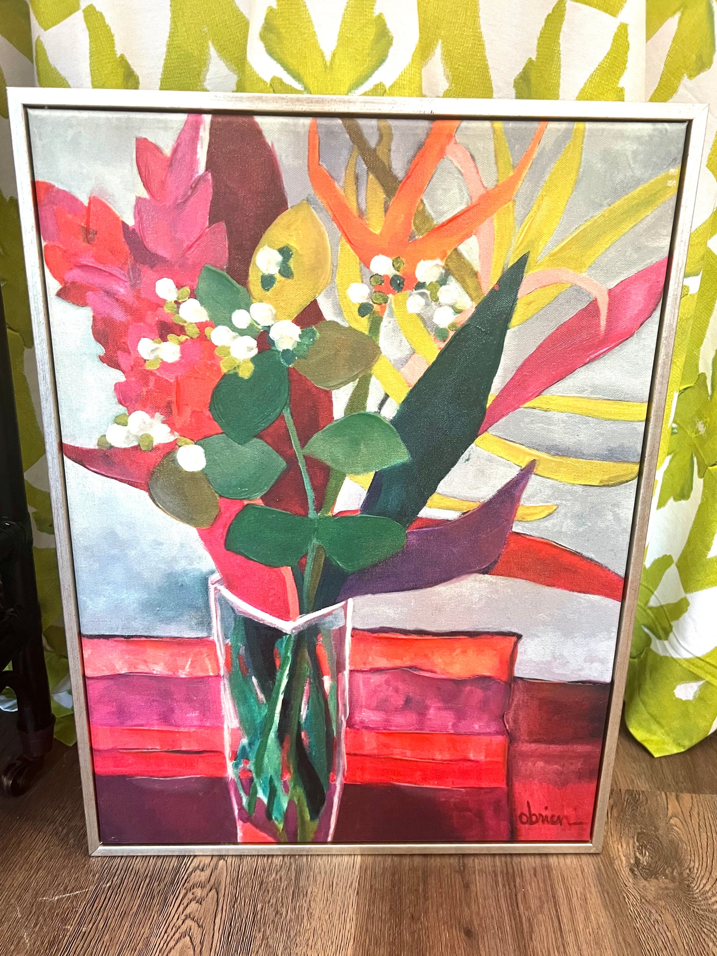 Bright coral vase with Flowers Artwork